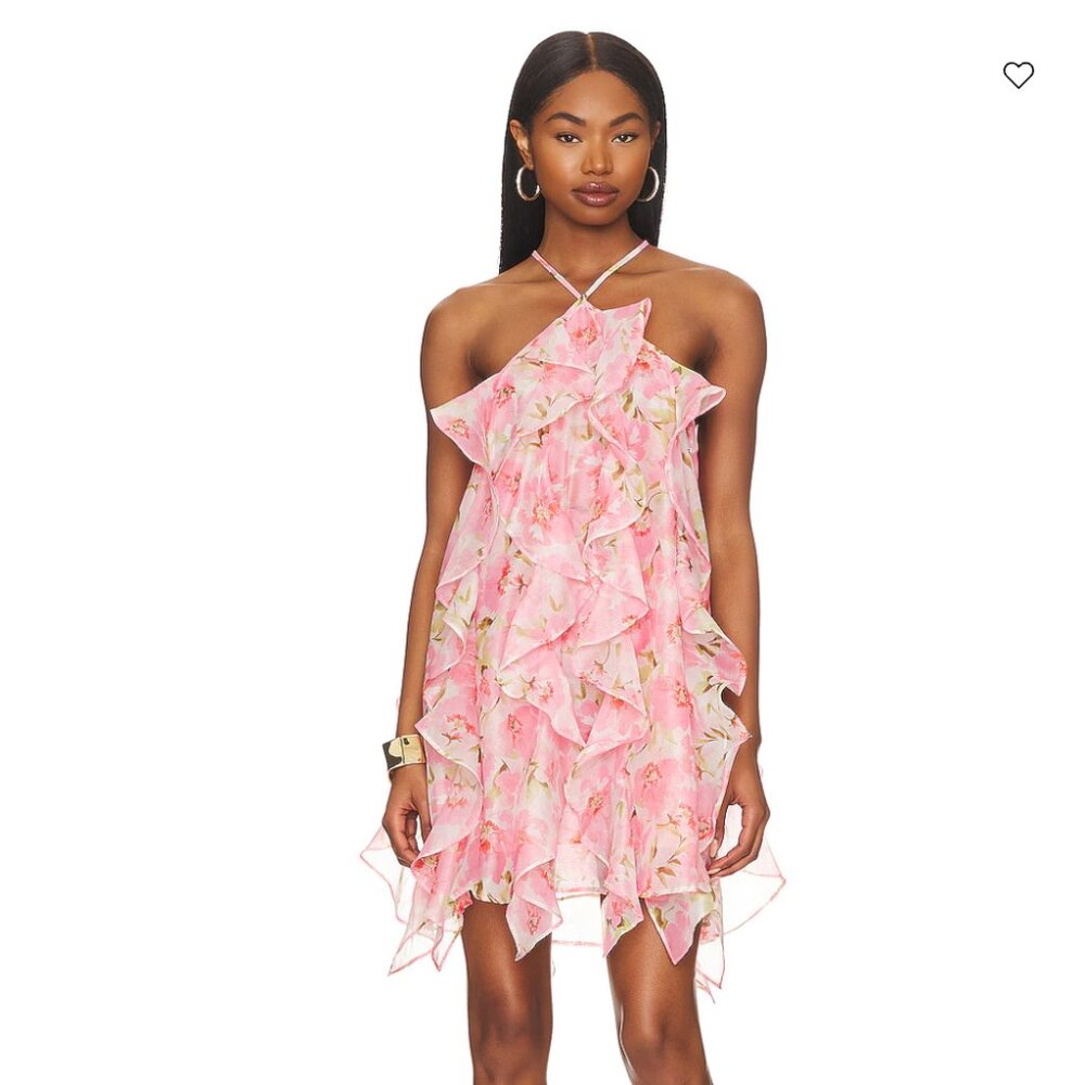 NWT Misa Los Angeles Miah Mini Ruffle Dress | Blushing Flora Pink | Size L